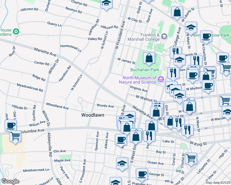 map of restaurants, bars, coffee shops, grocery stores, and more near 1021 Marietta Avenue in Lancaster