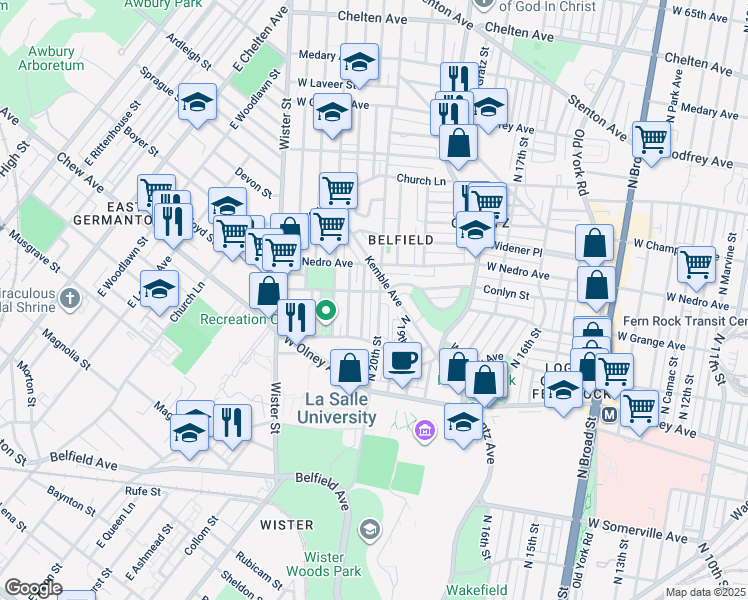 map of restaurants, bars, coffee shops, grocery stores, and more near 5766 North 20th Street in Philadelphia