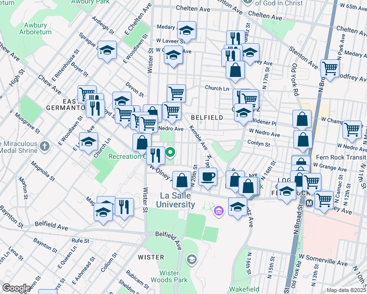 map of restaurants, bars, coffee shops, grocery stores, and more near 5753 North Lambert Street in Philadelphia