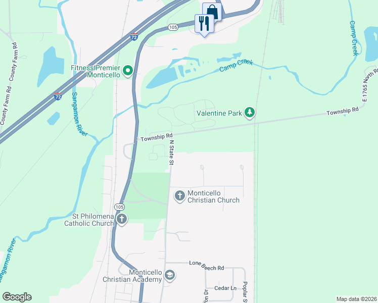 map of restaurants, bars, coffee shops, grocery stores, and more near 1727 North State Street in Monticello