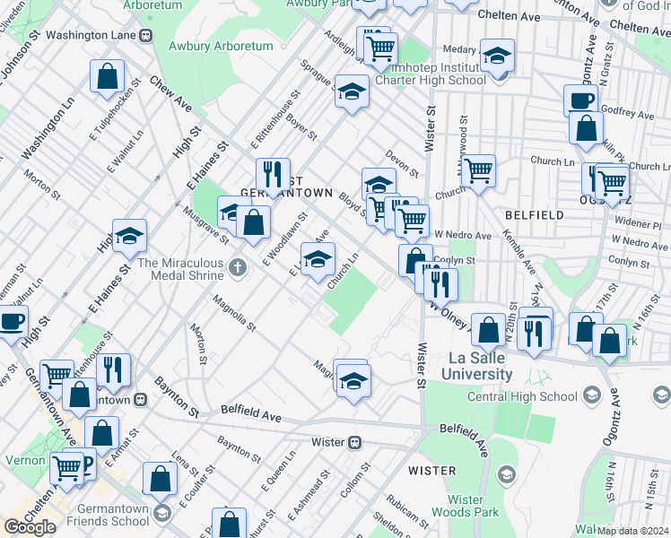 map of restaurants, bars, coffee shops, grocery stores, and more near 715 Church Lane in Philadelphia