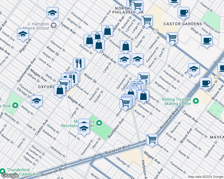 map of restaurants, bars, coffee shops, grocery stores, and more near 6813 Horrocks Street in Philadelphia