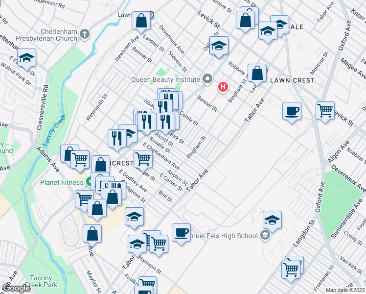 map of restaurants, bars, coffee shops, grocery stores, and more near 580 1/2 Van Kirk Street in Philadelphia