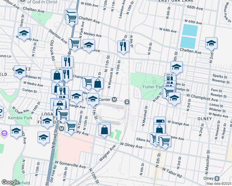 map of restaurants, bars, coffee shops, grocery stores, and more near 5915 N 10th St in Philadelphia