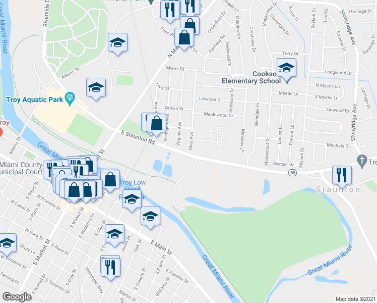 map of restaurants, bars, coffee shops, grocery stores, and more near 409 East Staunton Road in Troy