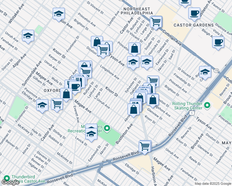 map of restaurants, bars, coffee shops, grocery stores, and more near 6800 Horrocks Street in Philadelphia