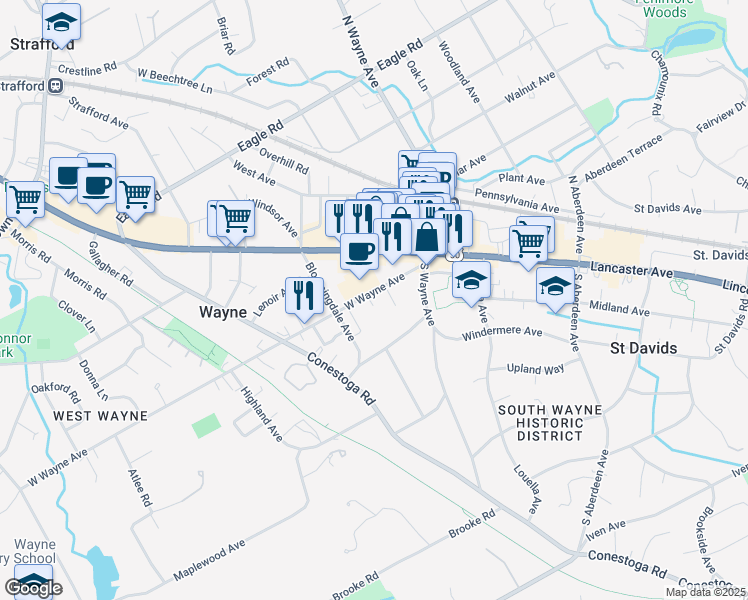 map of restaurants, bars, coffee shops, grocery stores, and more near 132 West Wayne Avenue in Wayne