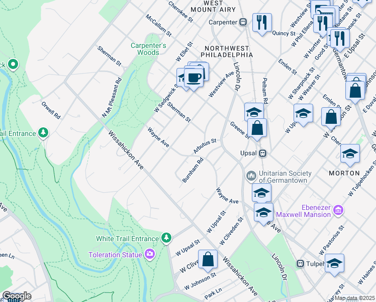 map of restaurants, bars, coffee shops, grocery stores, and more near 6655 Wayne Avenue in Philadelphia