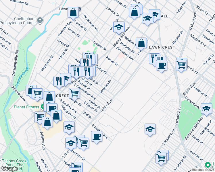 map of restaurants, bars, coffee shops, grocery stores, and more near 5917 Bingham Street in Philadelphia