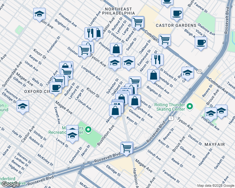 map of restaurants, bars, coffee shops, grocery stores, and more near 6848 Eastwood Street in Philadelphia