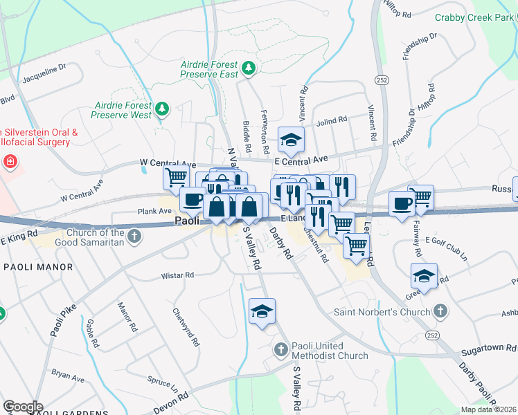 map of restaurants, bars, coffee shops, grocery stores, and more near 14 Paoli Court in Paoli