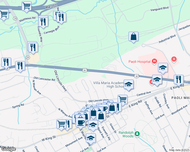 map of restaurants, bars, coffee shops, grocery stores, and more near 324 Lancaster Avenue in Malvern