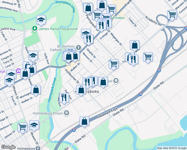 map of restaurants, bars, coffee shops, grocery stores, and more near 4605 Blakiston Street in Philadelphia