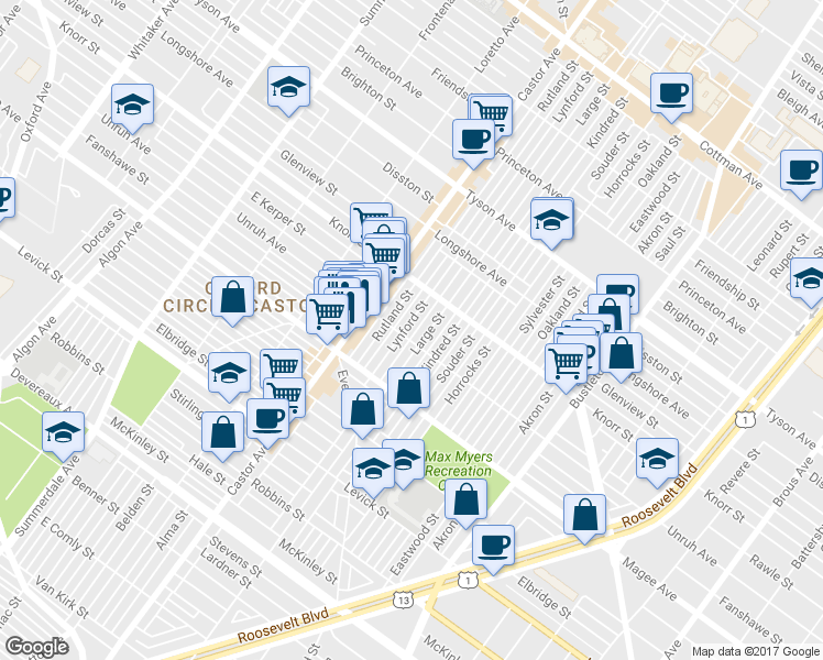 map of restaurants, bars, coffee shops, grocery stores, and more near 6707 Lynford Street in Philadelphia