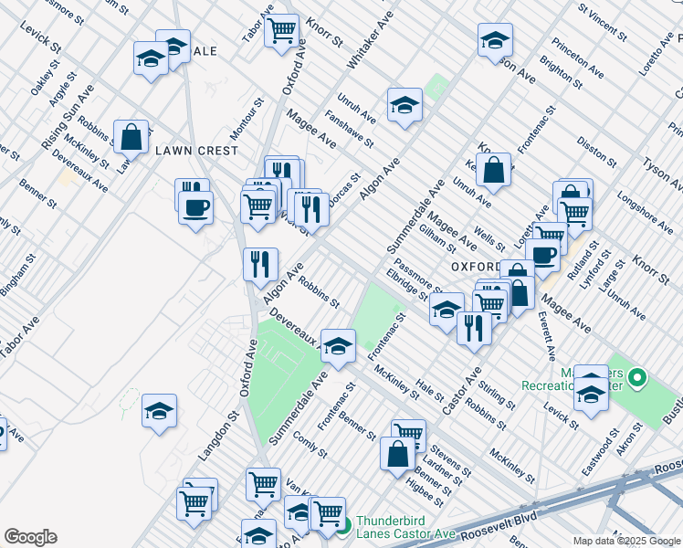 map of restaurants, bars, coffee shops, grocery stores, and more near 6335 Langdon Street in Philadelphia
