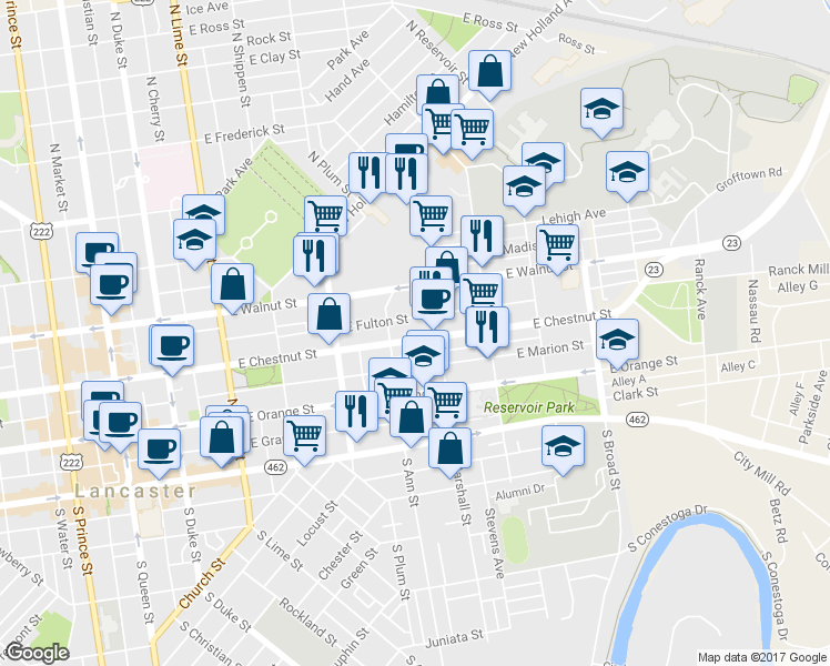 map of restaurants, bars, coffee shops, grocery stores, and more near 525 East Chestnut Street in Lancaster