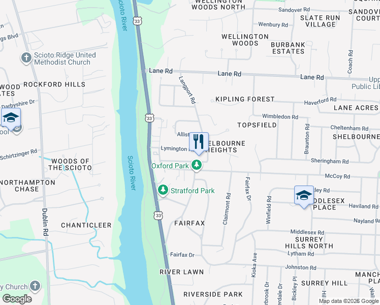 map of restaurants, bars, coffee shops, grocery stores, and more near 2739 Lymington Road in Columbus