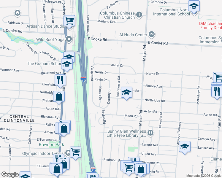 map of restaurants, bars, coffee shops, grocery stores, and more near 3796 Dorothy Drive in Columbus