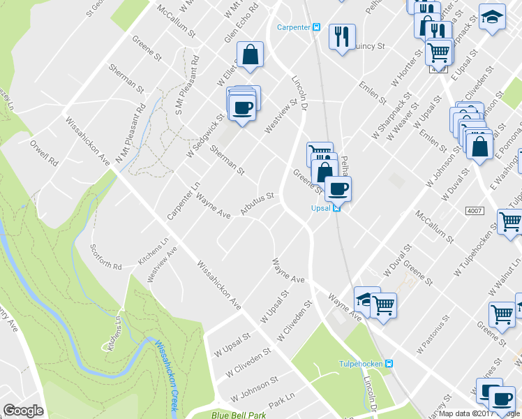 map of restaurants, bars, coffee shops, grocery stores, and more near 525 Burnham Road in Philadelphia