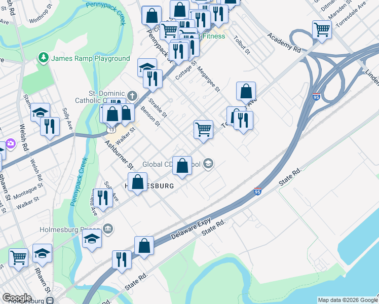 map of restaurants, bars, coffee shops, grocery stores, and more near 8600 Torresdale Avenue in Philadelphia