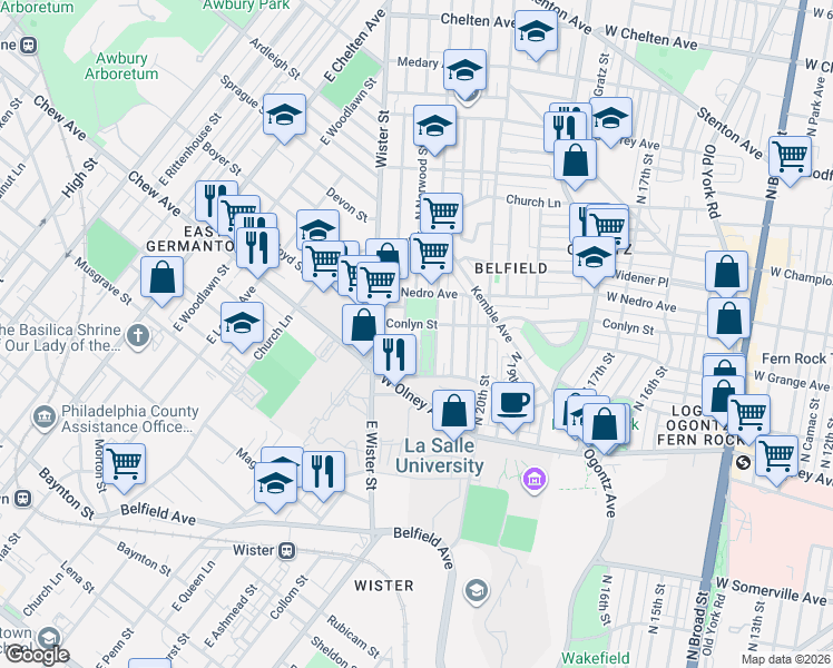 map of restaurants, bars, coffee shops, grocery stores, and more near 2048 Conlyn Street in Philadelphia