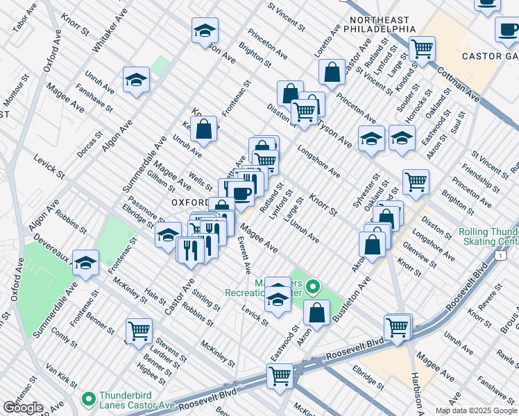 map of restaurants, bars, coffee shops, grocery stores, and more near 6650 Rutland Street in Philadelphia