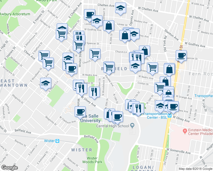 map of restaurants, bars, coffee shops, grocery stores, and more near 5768 North 20th Street in Philadelphia