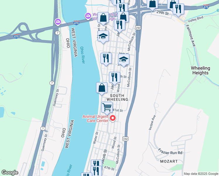 map of restaurants, bars, coffee shops, grocery stores, and more near 3901 Jacob Street in Wheeling