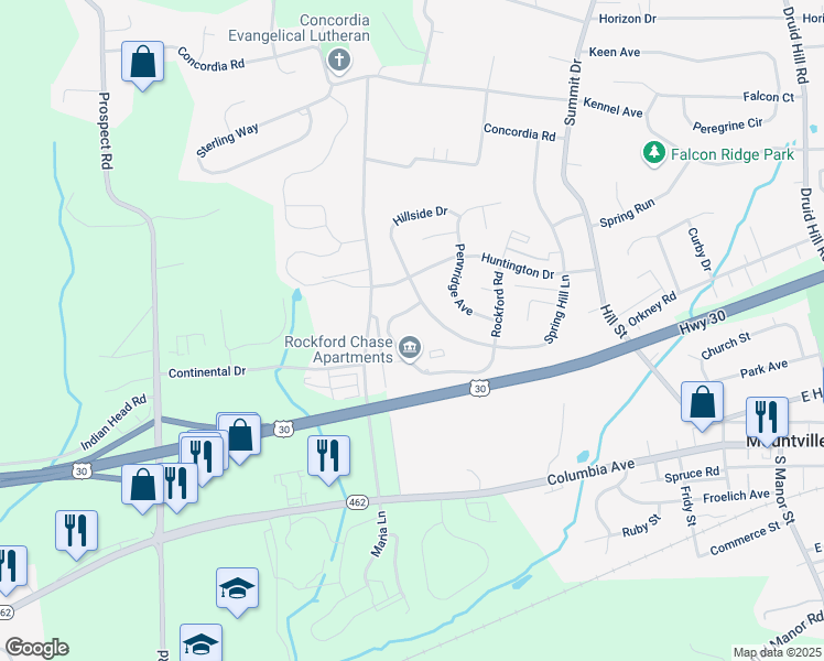map of restaurants, bars, coffee shops, grocery stores, and more near 400 South Rockford Road in Mountville