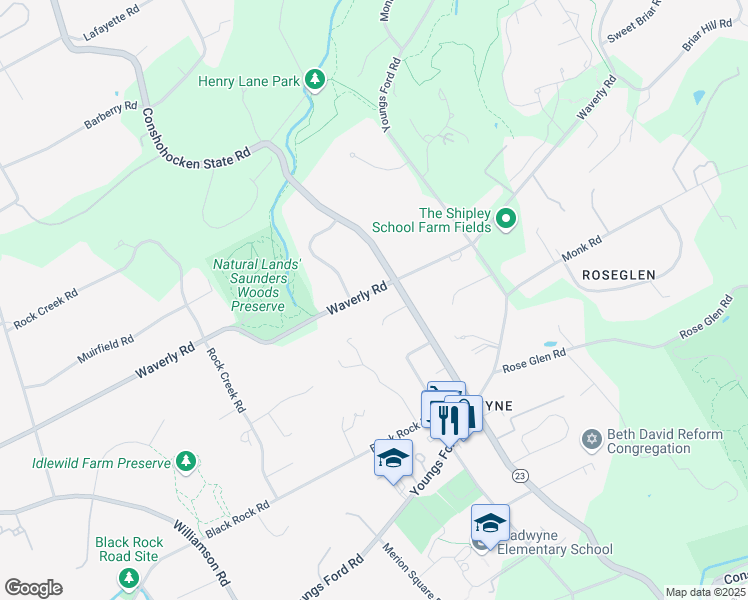 map of restaurants, bars, coffee shops, grocery stores, and more near 1131 Waverly Road in Gladwyne