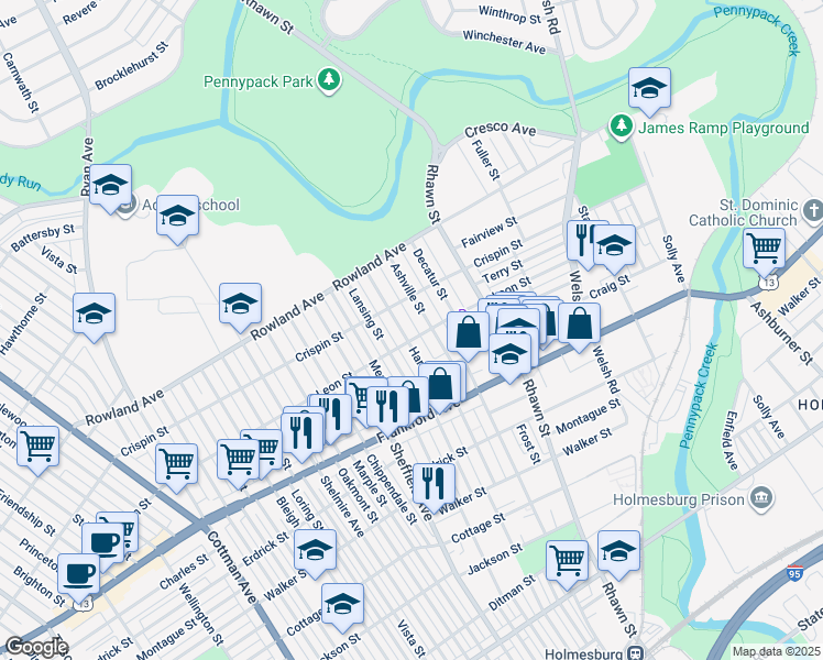 map of restaurants, bars, coffee shops, grocery stores, and more near 3435 Hartel Avenue in Philadelphia