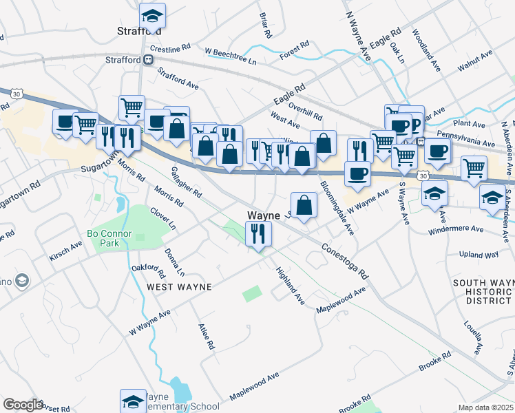 map of restaurants, bars, coffee shops, grocery stores, and more near 155 Conestoga Road in Wayne