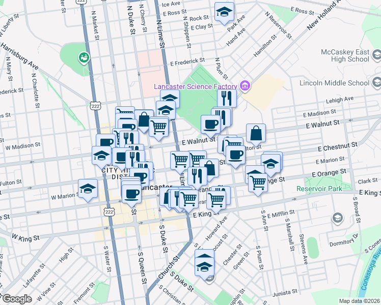 map of restaurants, bars, coffee shops, grocery stores, and more near 215 East Fulton Street in Lancaster