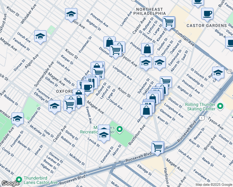 map of restaurants, bars, coffee shops, grocery stores, and more near 6732 Kindred Street in Philadelphia
