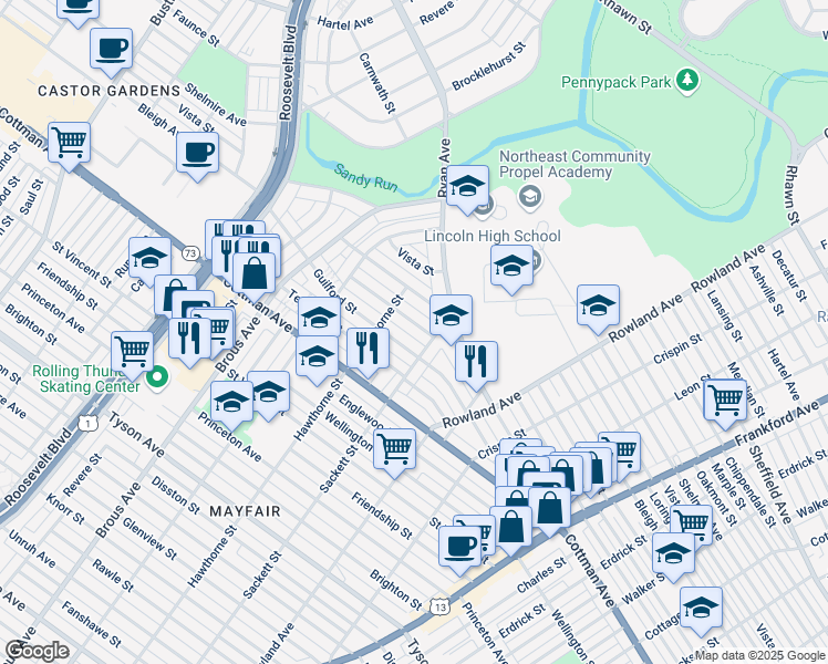 map of restaurants, bars, coffee shops, grocery stores, and more near 3124 Windish Street in Philadelphia