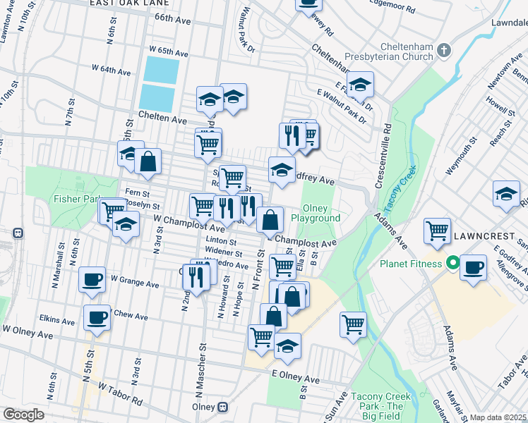 map of restaurants, bars, coffee shops, grocery stores, and more near 87 Fern Street in Philadelphia