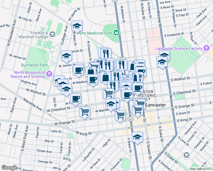 map of restaurants, bars, coffee shops, grocery stores, and more near 310 North Mulberry Street in Lancaster