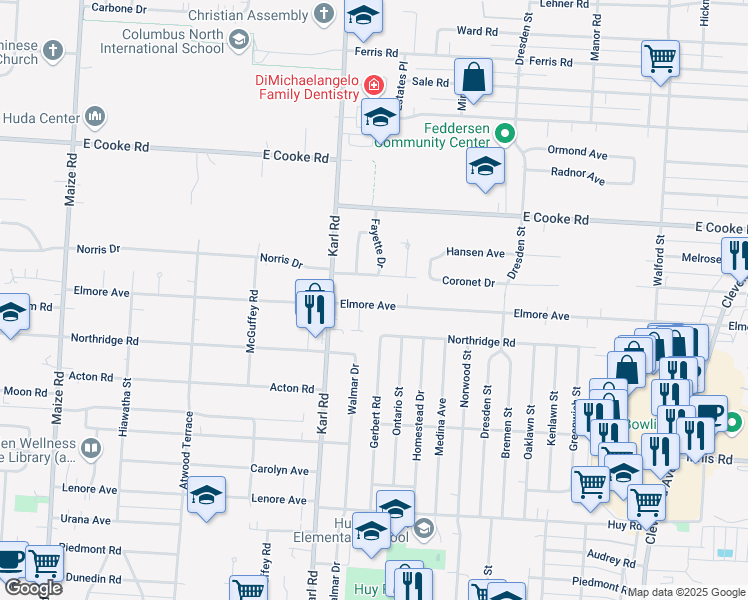 map of restaurants, bars, coffee shops, grocery stores, and more near 1490 Elmore Avenue in Columbus