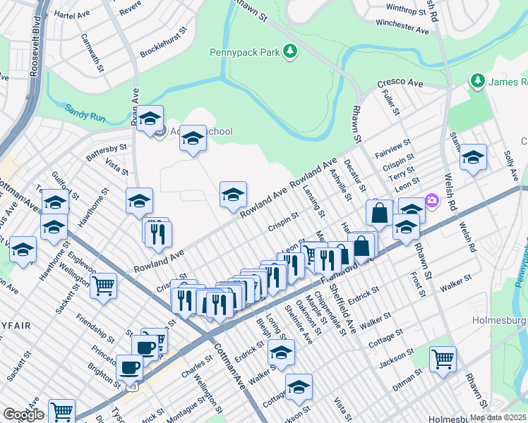 map of restaurants, bars, coffee shops, grocery stores, and more near 3310 Chippendale Street in Philadelphia