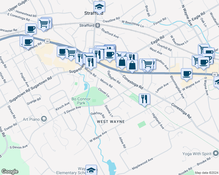 map of restaurants, bars, coffee shops, grocery stores, and more near 357 Morris Road in Wayne