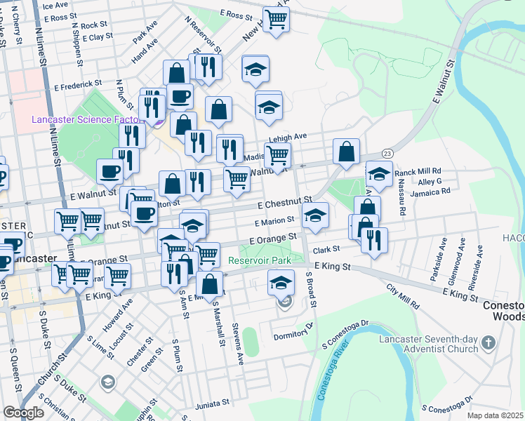 map of restaurants, bars, coffee shops, grocery stores, and more near 748 East Chestnut Street in Lancaster