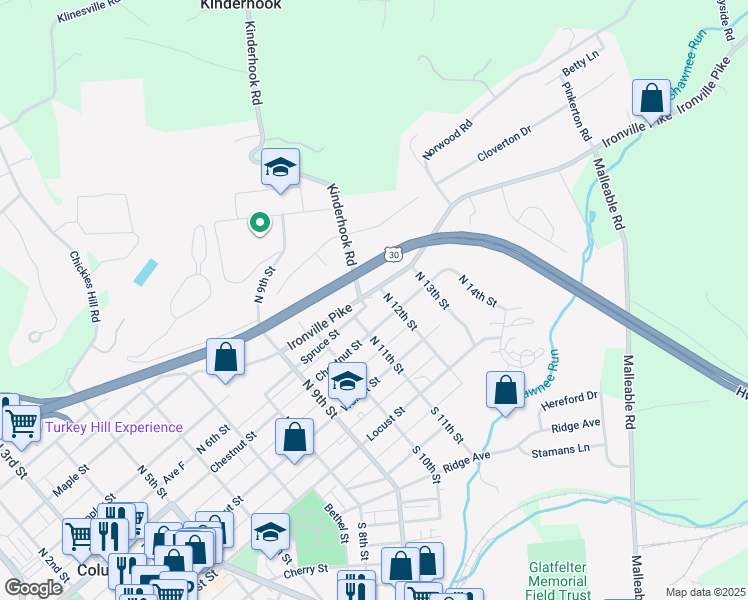 map of restaurants, bars, coffee shops, grocery stores, and more near 1112 Ironville Pike in Columbia