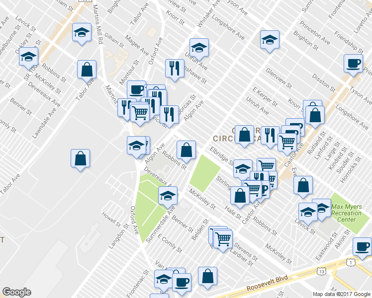map of restaurants, bars, coffee shops, grocery stores, and more near 6337 Langdon St in Philadelphia
