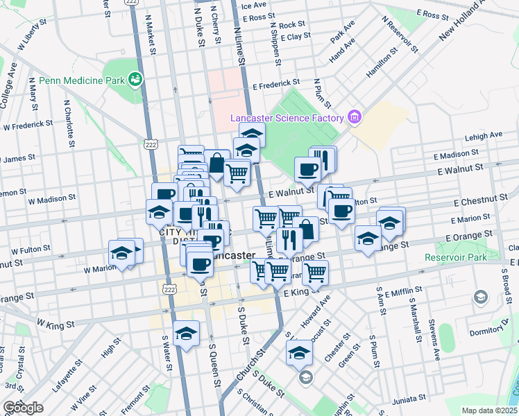 map of restaurants, bars, coffee shops, grocery stores, and more near 223 North Lime Street in Lancaster