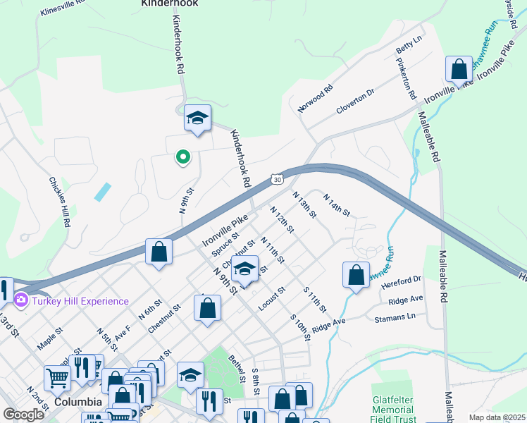 map of restaurants, bars, coffee shops, grocery stores, and more near 1112 Ironville Pike in Columbia