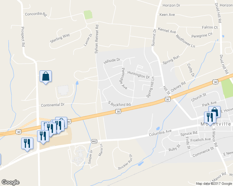 map of restaurants, bars, coffee shops, grocery stores, and more near 19 Spring Hill Lane in Mountville