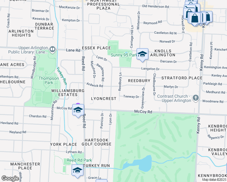 map of restaurants, bars, coffee shops, grocery stores, and more near 4190 Lyon Drive in Columbus