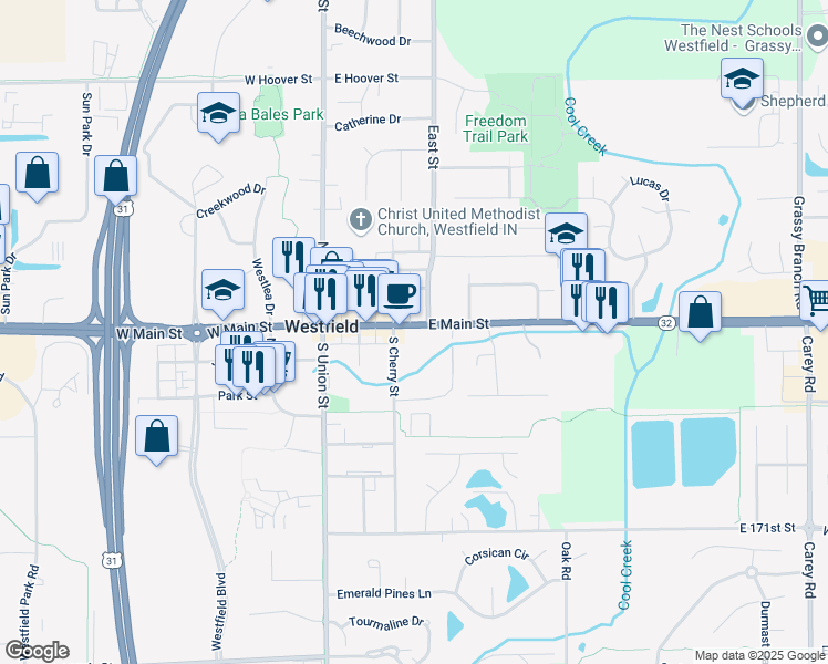 map of restaurants, bars, coffee shops, grocery stores, and more near 325 East Main Street in Westfield