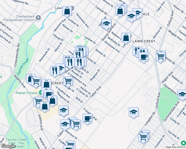 map of restaurants, bars, coffee shops, grocery stores, and more near 577 Van Kirk Street in Philadelphia
