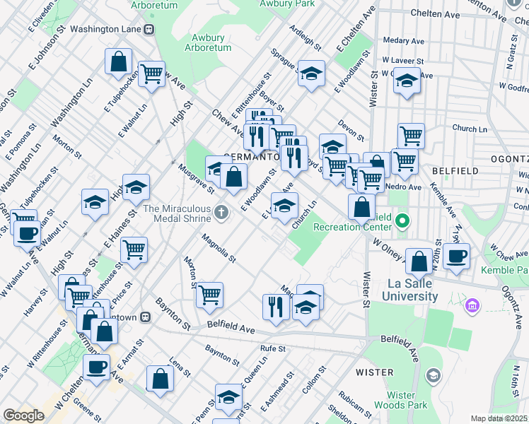 map of restaurants, bars, coffee shops, grocery stores, and more near 625 East Locust Avenue in Philadelphia